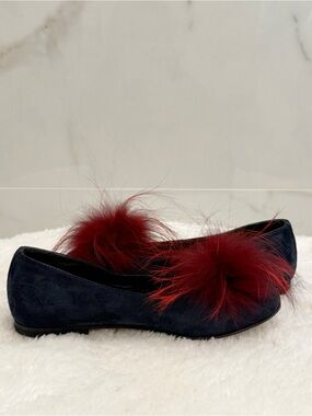 FENDI Kids Navy Suede Flats with Burgundy Fur Pom Poms | Made in Italy